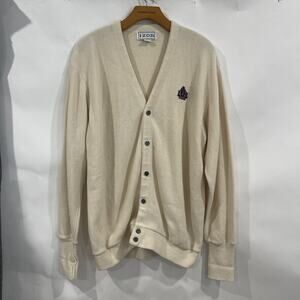 VTG 90s IZOD Knit Cardigan Sweater Men XL Cream Acrylic Crest Logo Made in USA